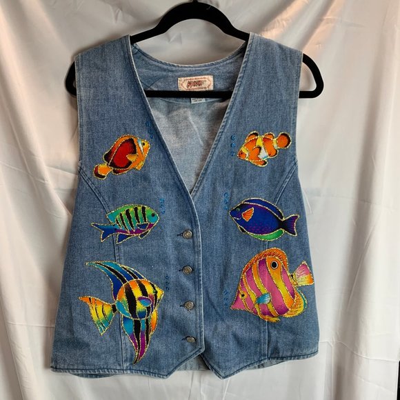 Apache Denim Vest Size with Glittery Fish Embellishments X Large - Picture 1 of 12